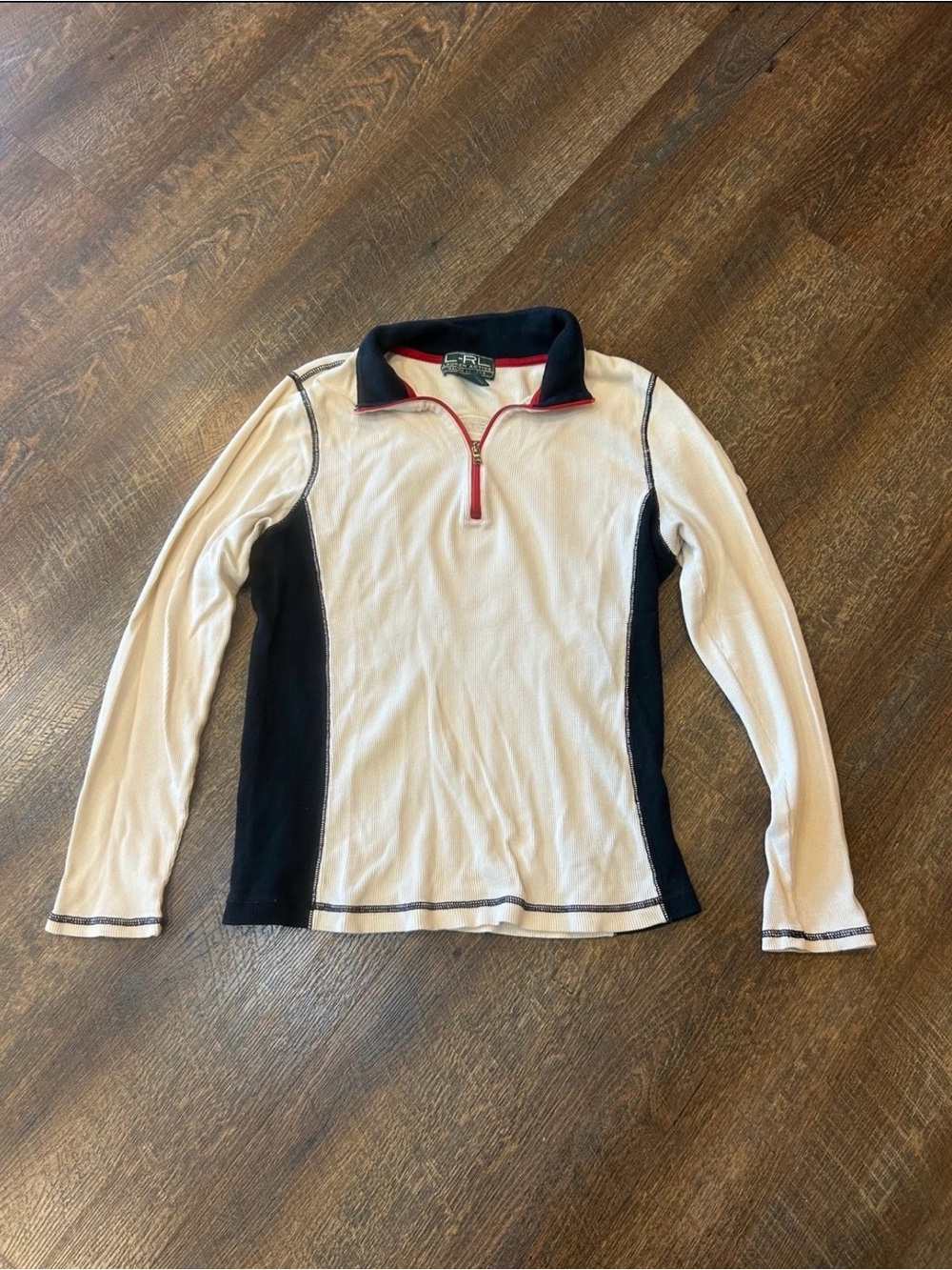 Ralph Lauren White Long-Sleeve Quarter-Zip Top with Navy Panels and Red Trim